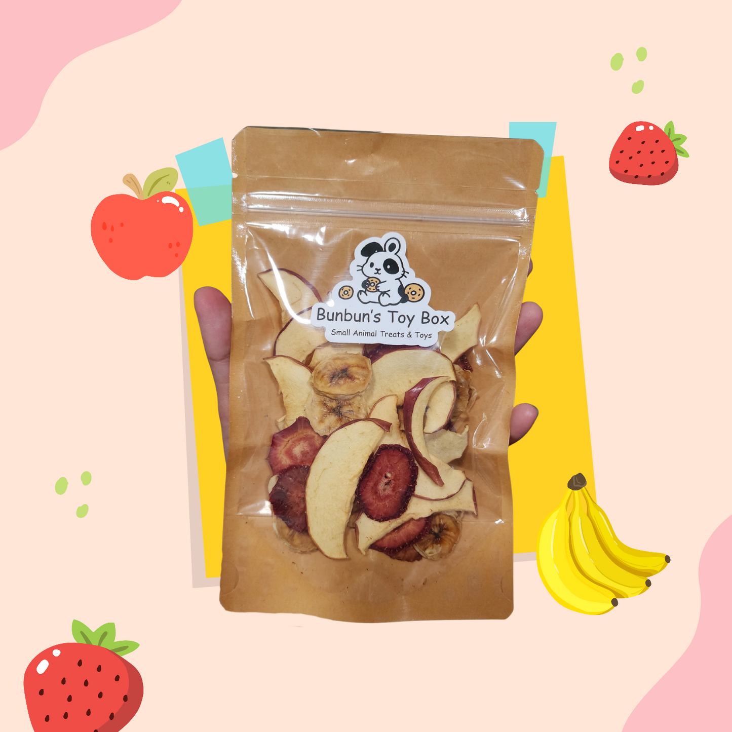 Bag of dried fruits with 'Bunbun's Toy Box' branding on a colorful background with fruit illustrations.