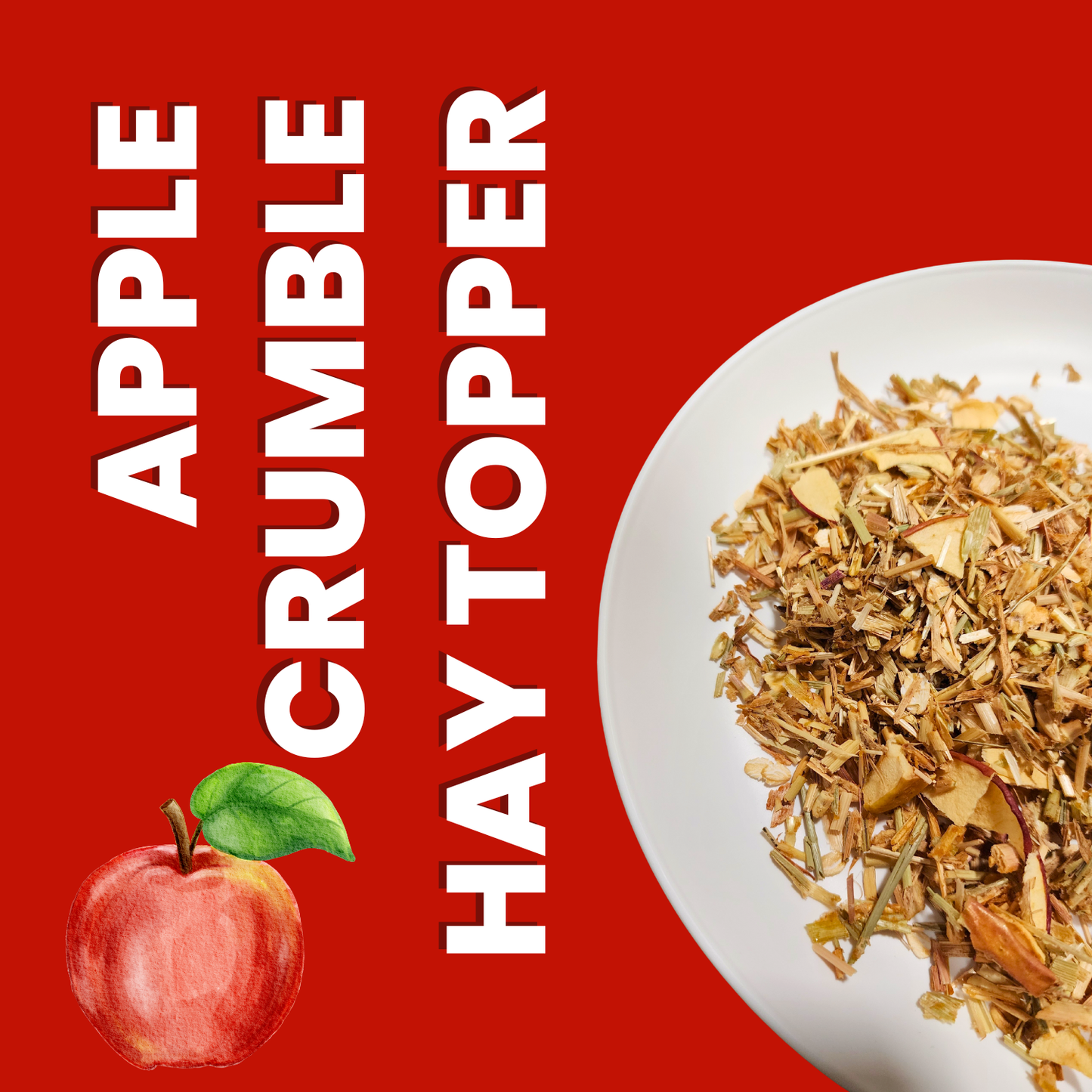 Apple crumble hay topper with text on a red background