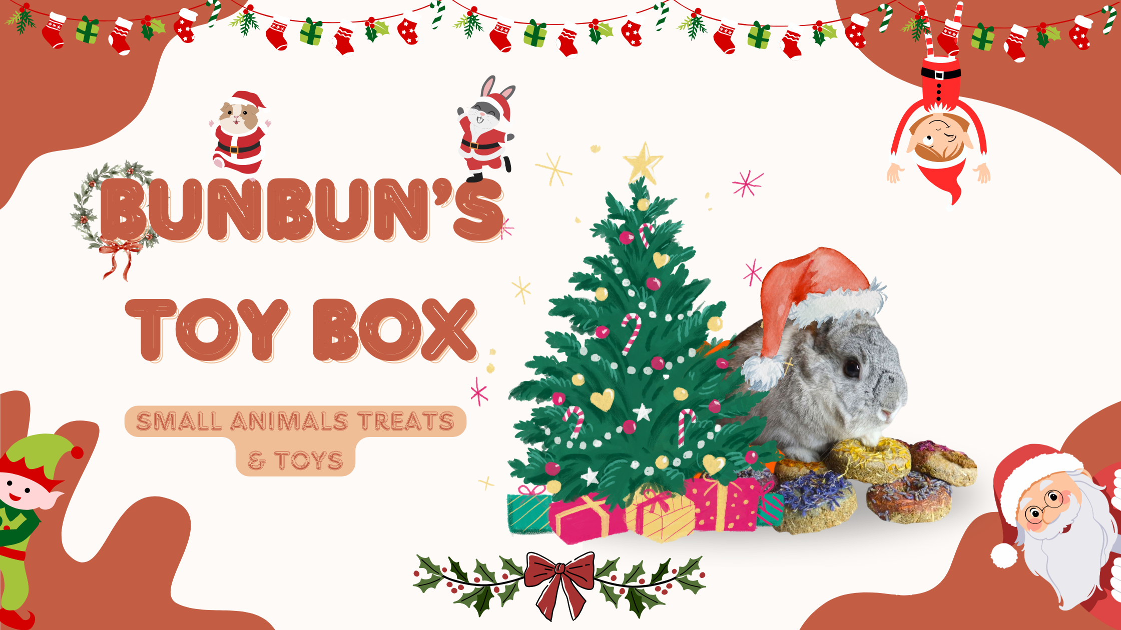Promotional graphic for 'Bunbun's Toy Box' with a Christmas theme, featuring a small animal and festive decorations.