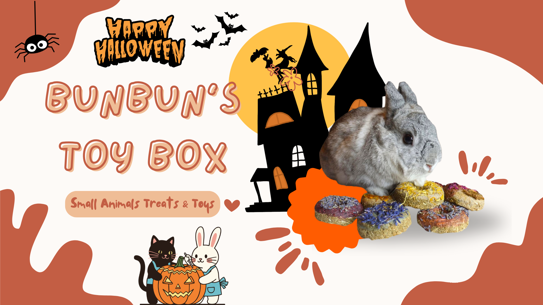 Halloween-themed pet product banner with a rabbit, treats, and spooky house illustration.
