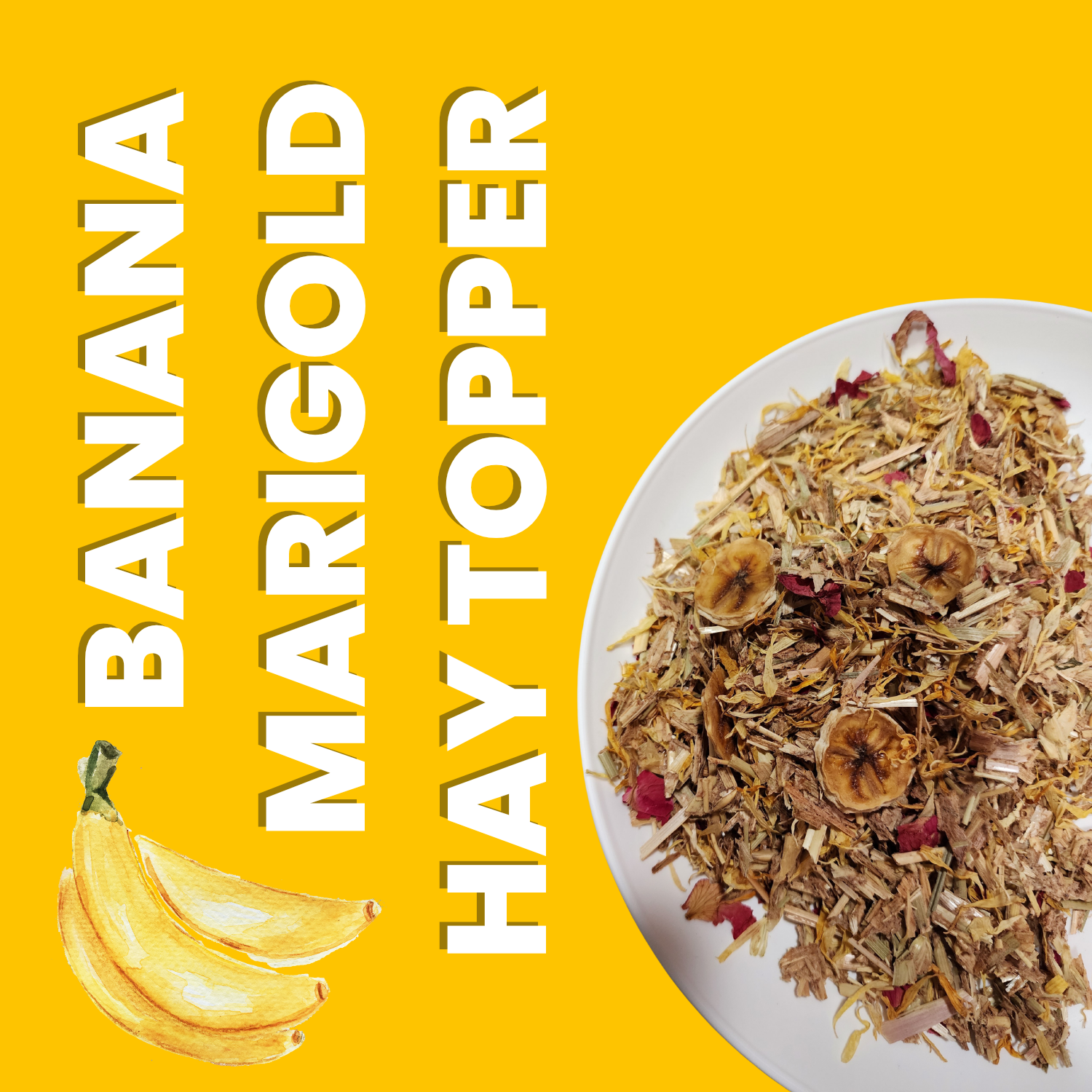 Banana Marigold Hay Topper with text on a yellow background