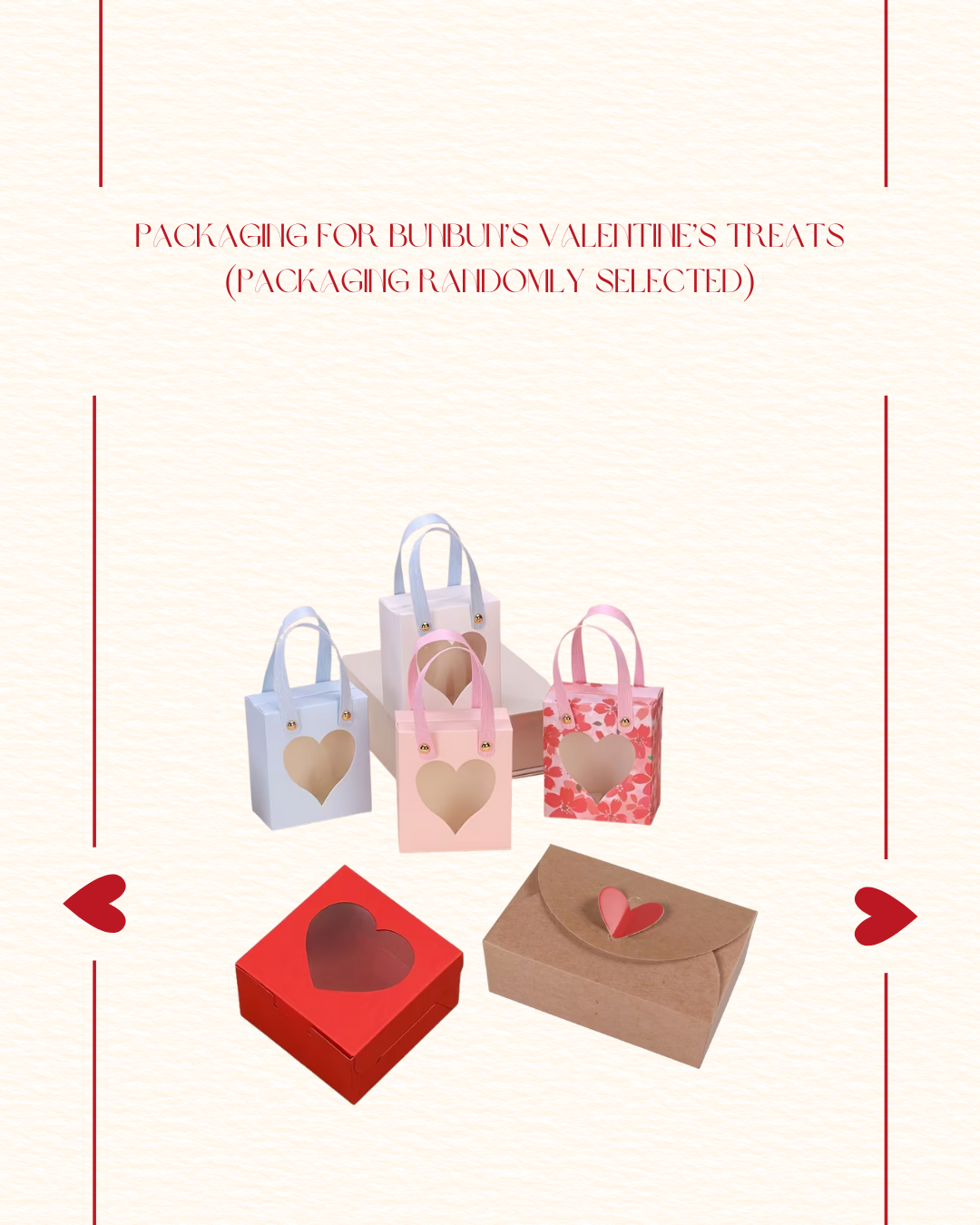 Assorted Valentine's Day packaging items including bags and boxes on a light pink background.
