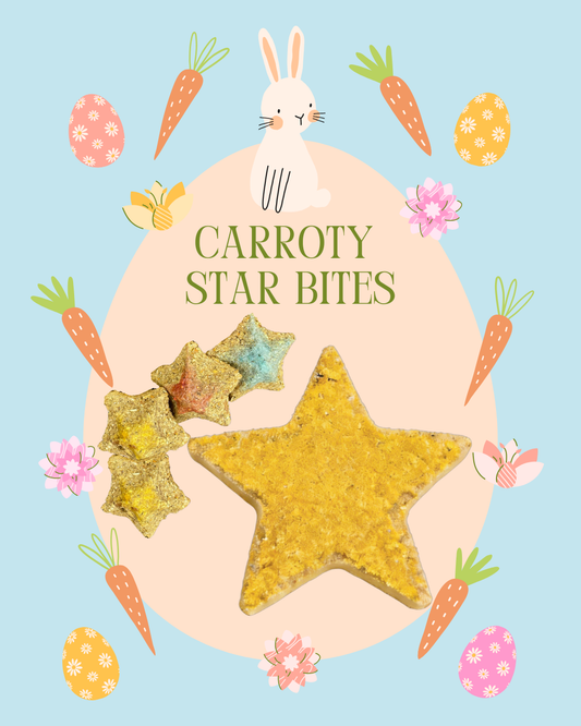Star-shaped treats with carrots and a bunny on a blue background, labeled 'Carroty Star Bites'.