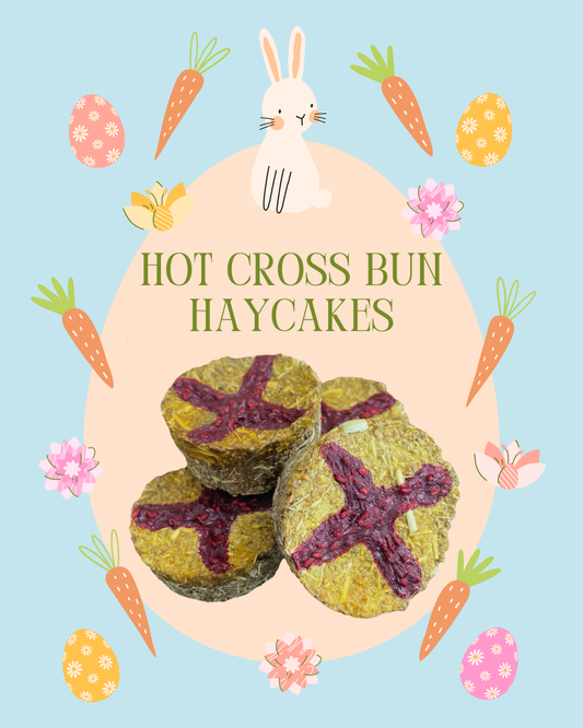 Hot cross bun haycakes with Easter-themed decorations on a blue background